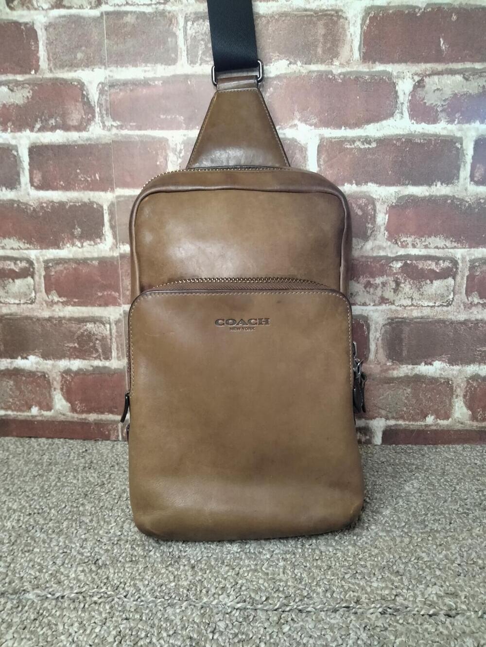 Coach Gotham Pack Mens Sport Calf Leather Sling Backpack - Dark Saddle Brown